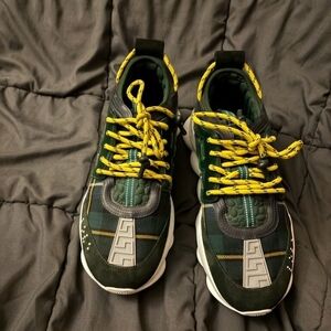 Versace Chain Reaction 'Tarta' Green & Black Sneakers w/ Yellow Suede & Canvas.